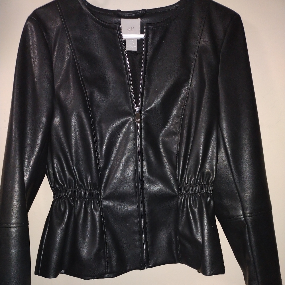 H&M Black Faux Leather Peplum Jacket Coat Size L